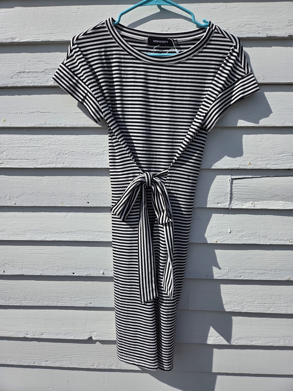 Classic Black & White Striped Midi Dress with Tie Back - Picture 9 of 9
